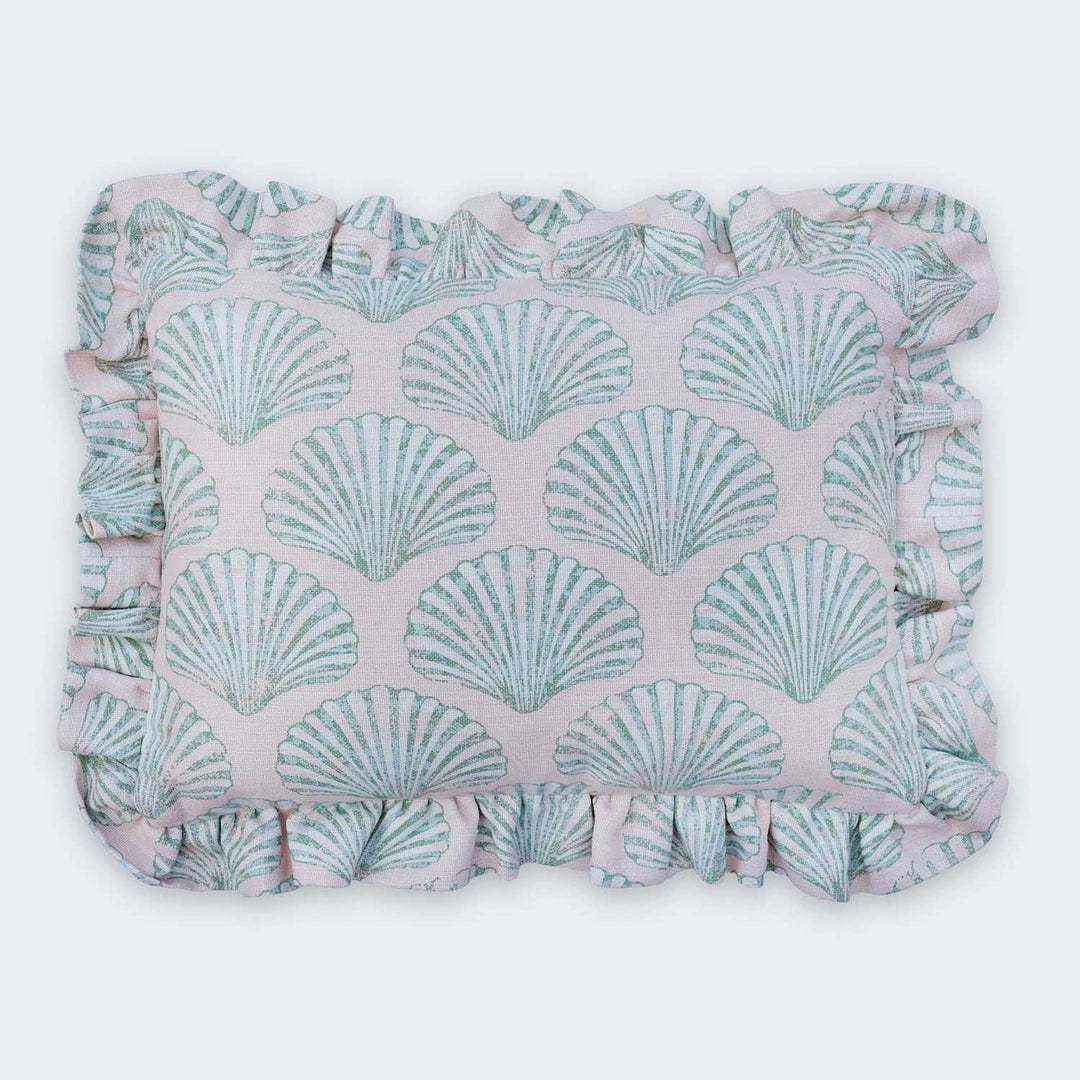 barneby-gates-scallop-shell-cushion-fringed-edged-pink-lilac-velvet-reverse-green-made-in-england-the-design-yard