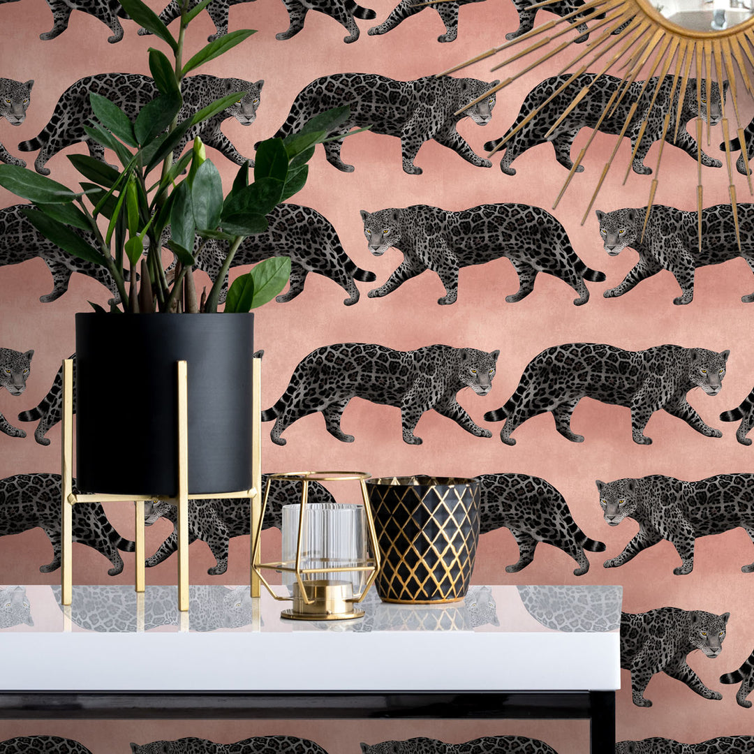 Avalana-design-wallpaper-pink-pantheress-hand-paintred-unique-jaguars-black-on-soft-pink-watercolour-background-bold-pattern-feature-paper-jungle-print 