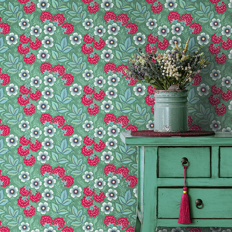 Olenka-wallpaper-Raspberry-Sage-green-background-happy-summer-retro=kitchen-style-hand-illustrated-pattern-red-berries-green-white