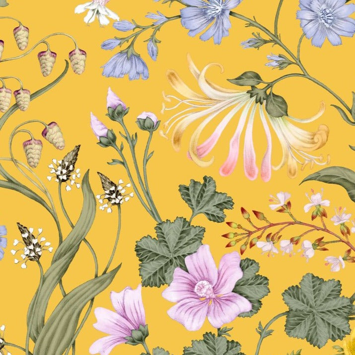 Studio-le-coc-the-lost-garden-wallpaper-India-yellow-chintz-inspired-woodland-british-botanical-wallpaper-pattern-hand-illustrated-floral-traditional-style-pattern