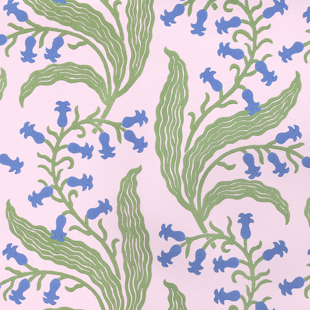 Ellen-merchant-bluebells-wallpaper-macaron-pink-paper-blue-green-flowers-block-printed-british-designer 