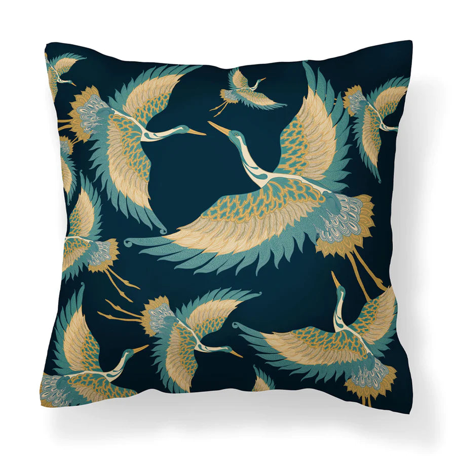 Pachamama-collection-Tatie-Lou-velvet-cushion-flying-heron-printed-two-sides-45x45cm-bird-print-art-deco-style-square-pillow-Indigo-dark-blue