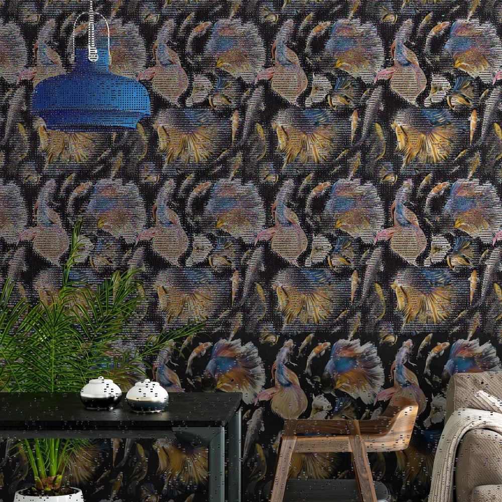 mind-the-gap-goldfish-anthracite-wallpaper-atoll-collection-illustrated-hand-painted-goldfish-maximalist-statement-interior