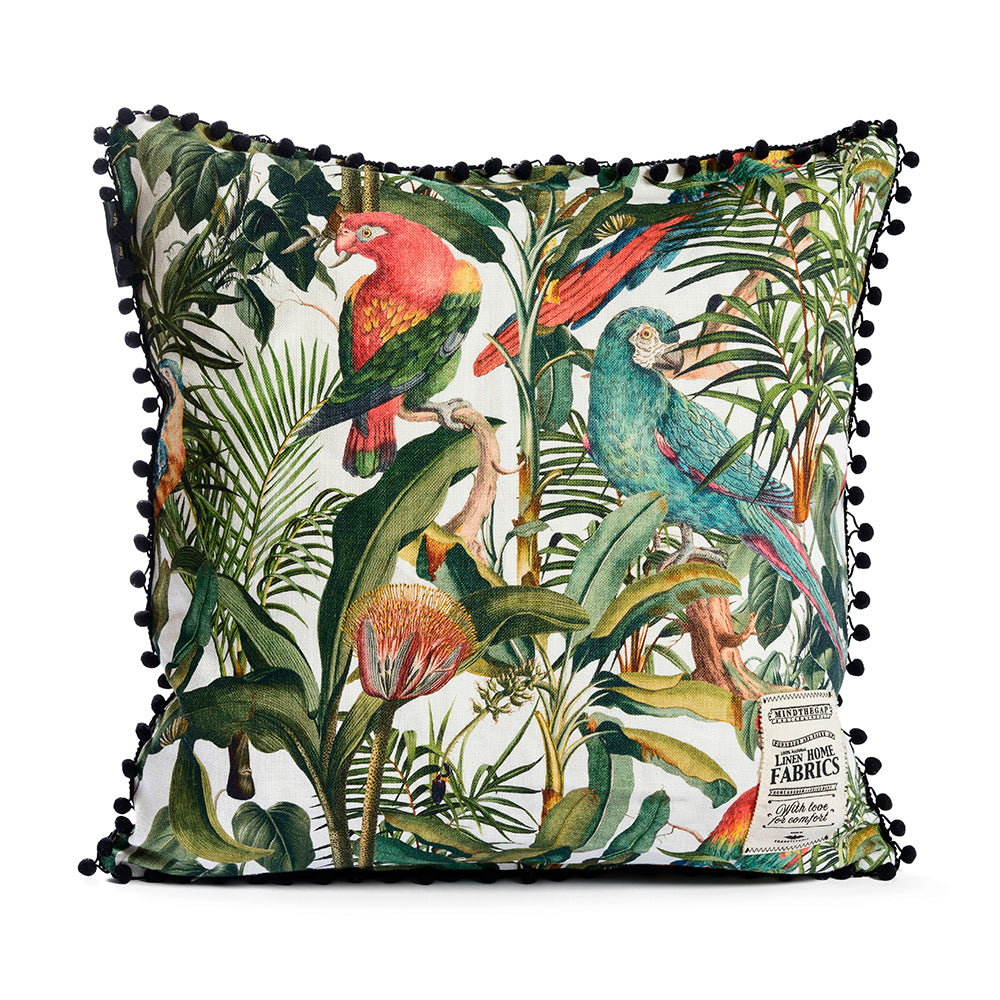 mind the gap linen cushion parrots of brazil multi rainforest