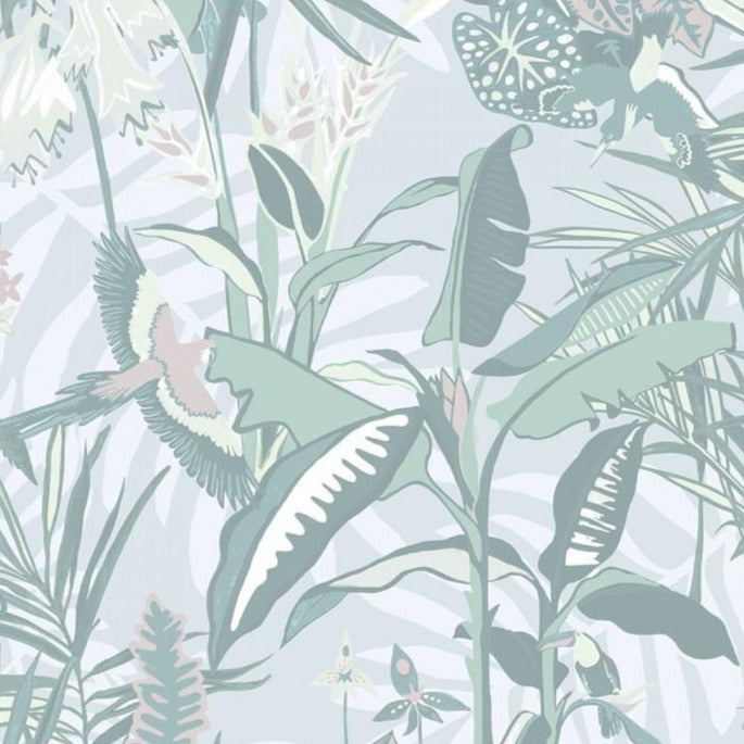 The Tropics-wallpaper-mint-green-brandMcKenzie-palm-birds-tropical-jungle-mints-pastels-botanicall-printed