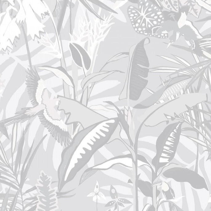 The Tropics-wallpaper-Stone-grey-print-tropical-Brand-McKenzie-Botanical-print-birds-jungle-greys-monocrome-plants-biophillia-palm
