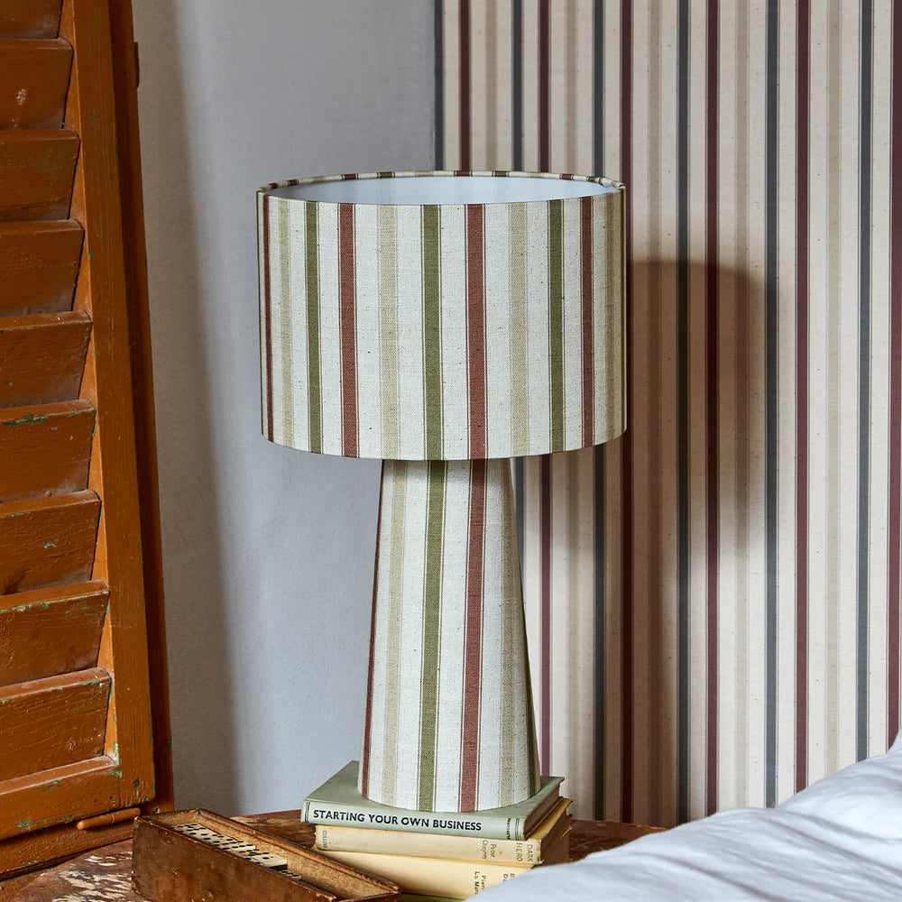 Nanny's-stripe-linen-drum-table-lamp-calabash-brown-yellow-brown-stripe-on-beige-drum-shade-linen-base-textile-hand-made-lamp-lighting-poodle-and-blonde