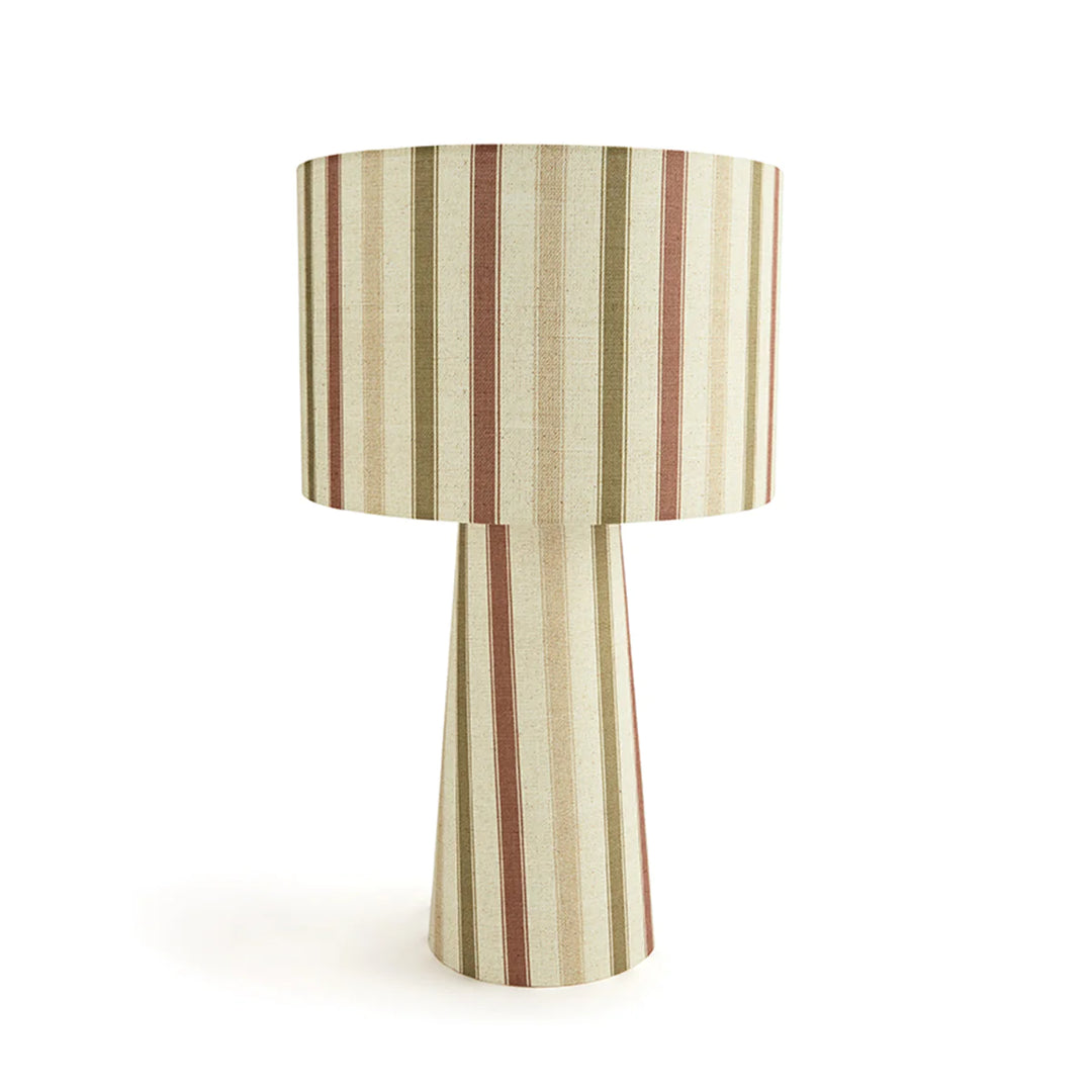 Nanny's-stripe-linen-drum-table-lamp-calabash-brown-yellow-brown-stripe-on-beige-drum-shade-linen-base-textile-hand-made-lamp-lighting-poodle-and-blonde