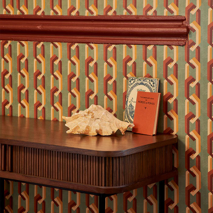 Poodle-and-blonde-chain-of-fools-wallpaper-jade-teal-hexagon-stripe-link-pattern-design-retro-mid-century-design-Gucci-style-link-masculine-Mid-century-vibe