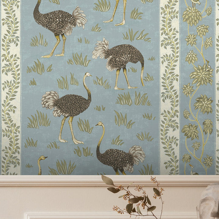 Ostrich Stripe Wallpaper in Mid Blue and White