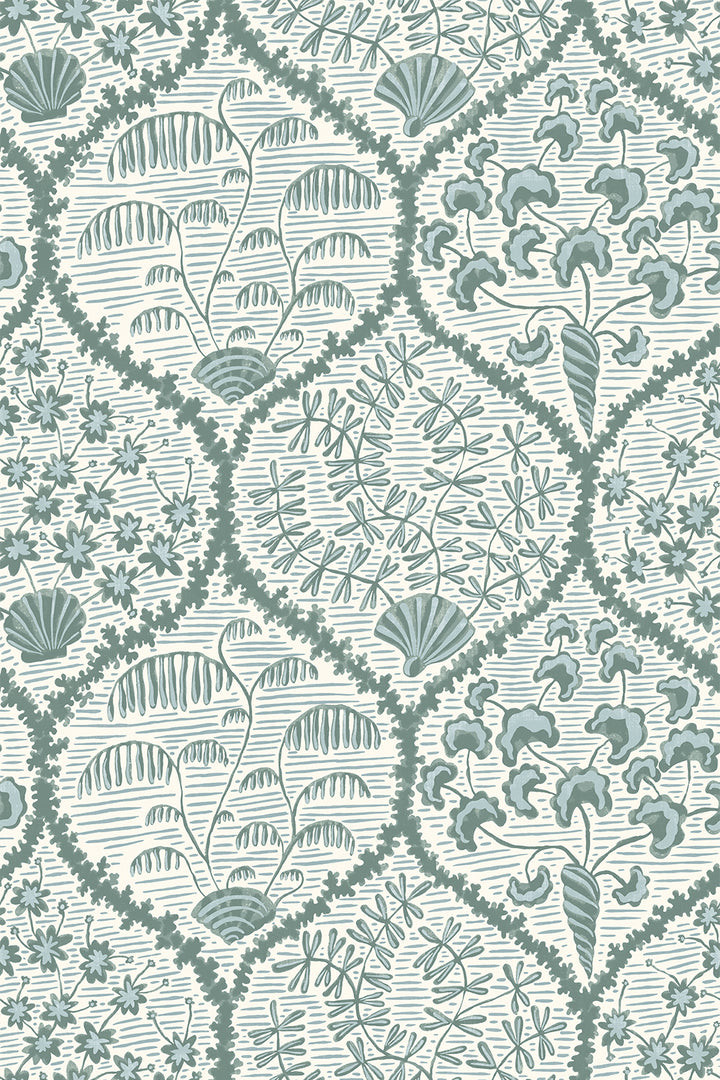 Josephine-Munsey-Sowerby-Wallpaper-Osney-Blue-Cotswold-White-leaves-seashells-traditional-ogee-shape-preat-illustrated-British-designer-wallpaer-cottage-style