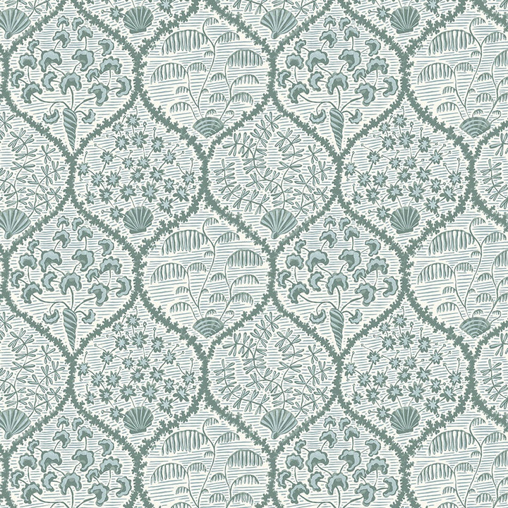 Josephine-Munsey-Sowerby-Wallpaper-Osney-Blue-Cotswold-White-leaves-seashells-traditional-ogee-shape-preat-illustrated-British-designer-wallpaer-cottage-style