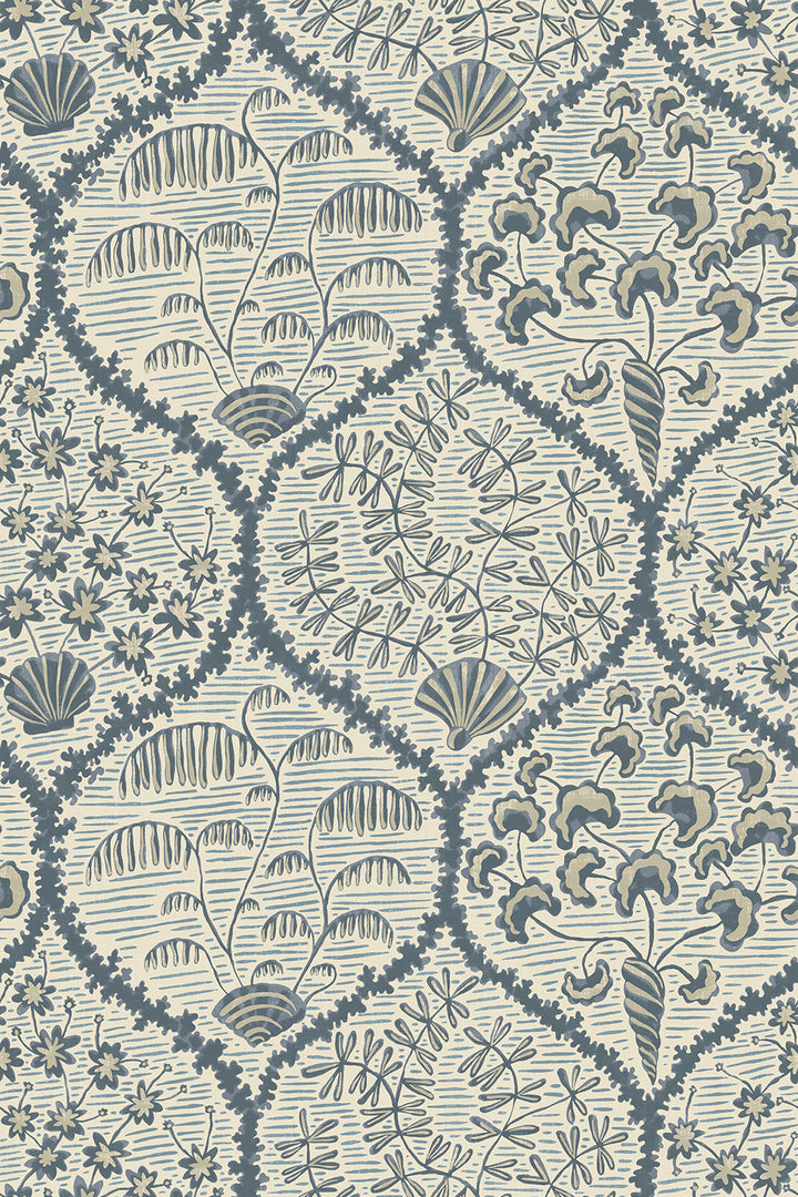 josephine-Munsey-wallpaper-Sowerby-Wallpaper-Bude-Blue-Salt-Ridge-seashells-Ogee-pattern-traditional-hand-illustrated-pattern-print-leaves-shells-print