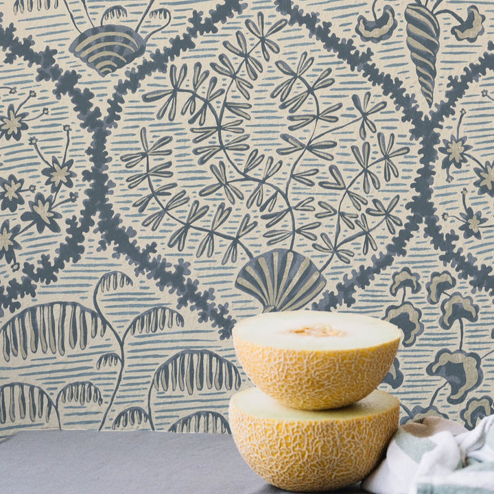 josephine-Munsey-wallpaper-Sowerby-Wallpaper-Bude-Blue-Salt-Ridge-seashells-Ogee-pattern-traditional-hand-illustrated-pattern-print-leaves-shells-print