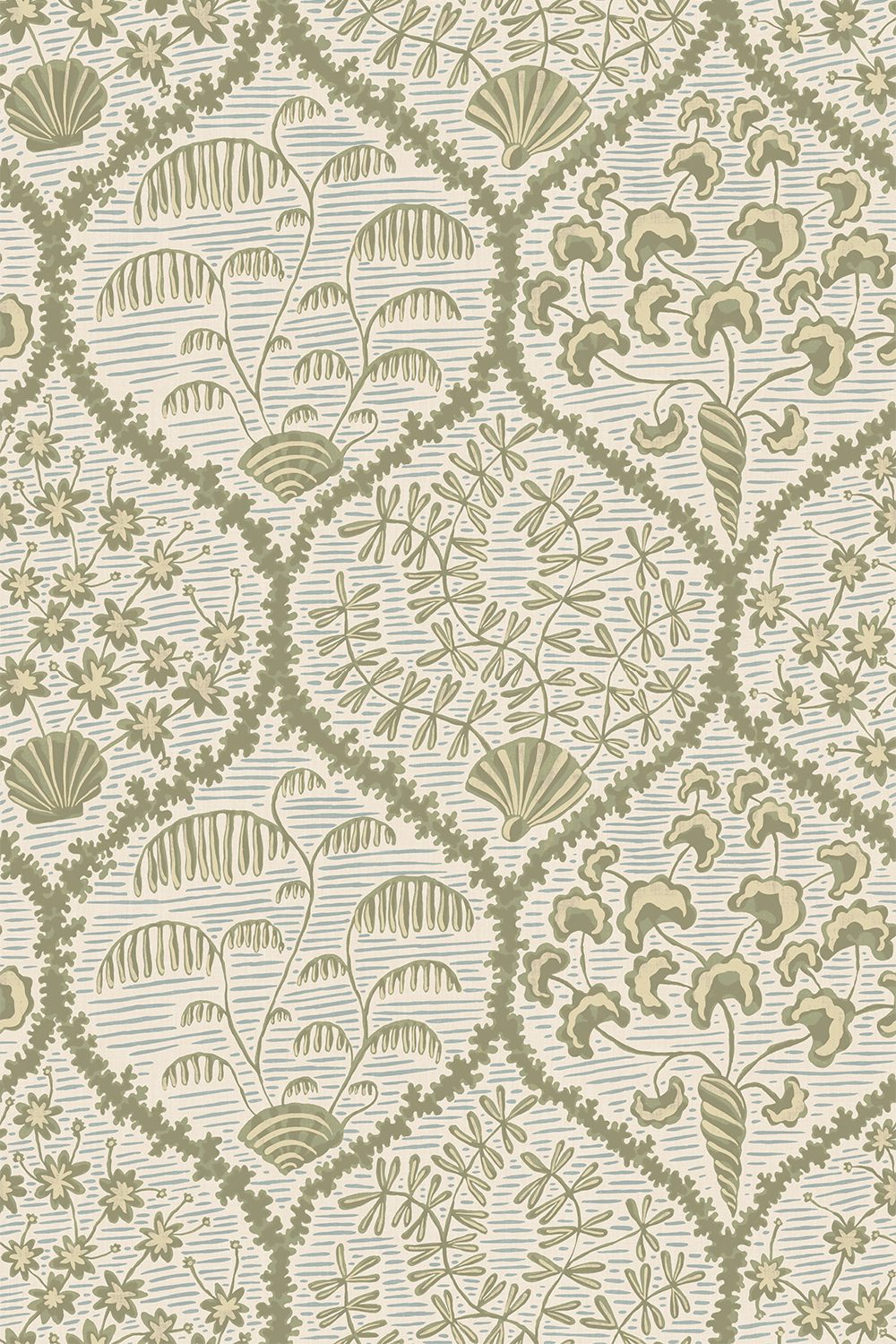 Josephine-Munsey-Wallpaper-Sowerby-SOft-Olive-shortwood-beighe-pattern-seashells-flora-ogee-tradtional-pattern-hand-illustrated-printed-British-designer