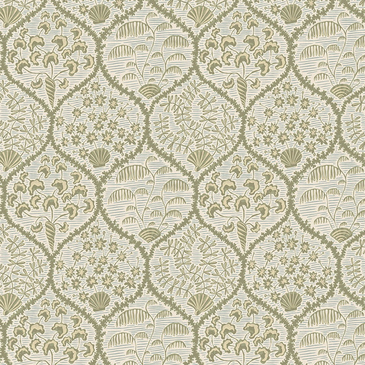 Josephine-Munsey-Wallpaper-Sowerby-SOft-Olive-shortwood-beighe-pattern-seashells-flora-ogee-tradtional-pattern-hand-illustrated-printed-British-designer