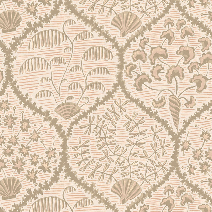 Josephine-Munsey-Wallpaper-Sowerby-Coral-and-Stone-peach-printed-seashells-ogee-traditional-style-pattern-print-floral-hand-illustrated-British-designer-