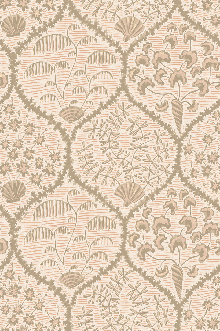 Josephine-Munsey-Wallpaper-Sowerby-Coral-and-Stone-peach-printed-seashells-ogee-traditional-style-pattern-print-floral-hand-illustrated-British-designer-