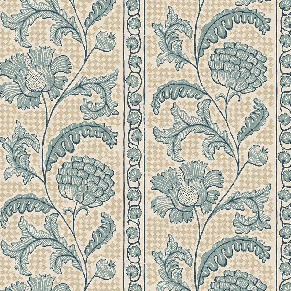 Josephine-Munsey-Wallpaper-Floal-check-stripes-floral-trailing-osney-blue-salt-ridge-blue-pattern-on-beige-diamond-check 