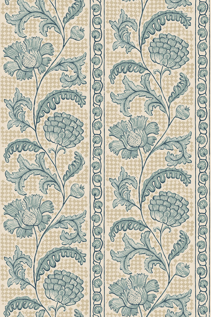 Josephine-Munsey-Wallpaper-Floal-check-stripes-floral-trailing-osney-blue-salt-ridge-blue-pattern-on-beige-diamond-check