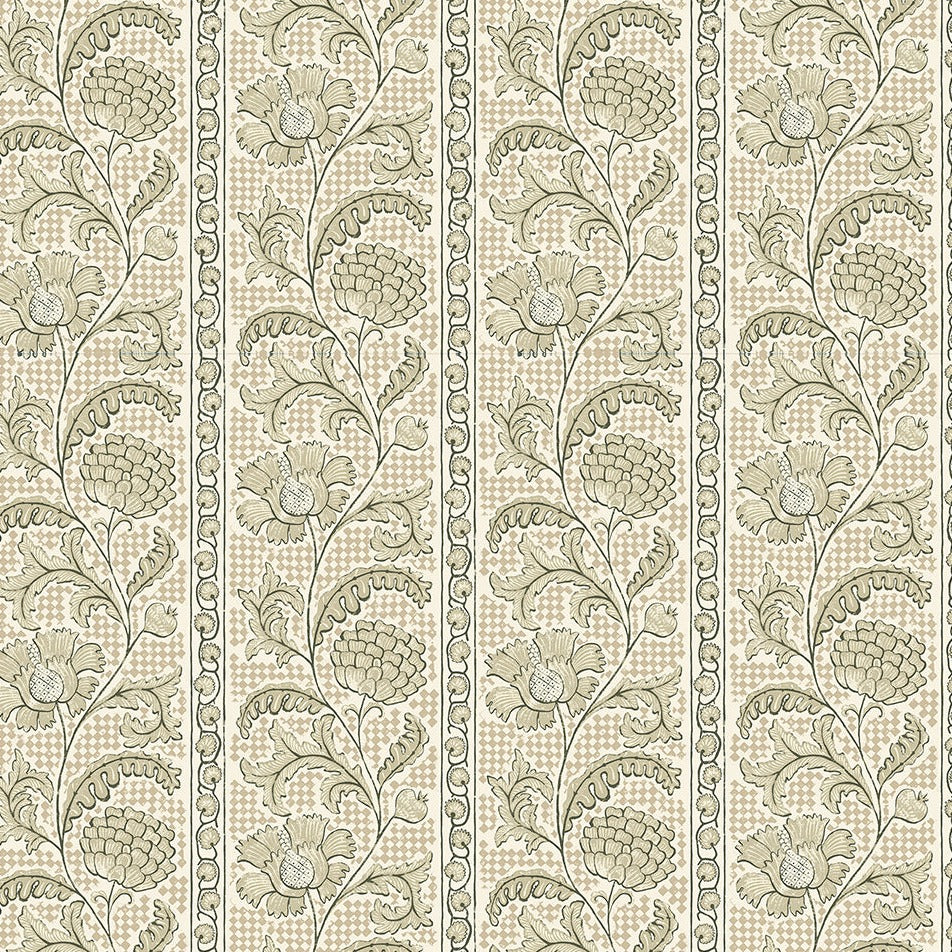 Josephine-Munsey-Floral-Check-Wallpaper-Maitland-Green-Cotswold-white-trailing-florals-against-check-background-stripes-floral-traditional-hand-drawn-illustration-printed-British-Designer