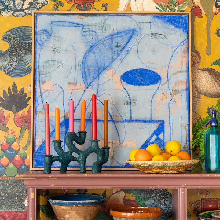 ruth-hudson-marrakesh-original-mix-media-painting-blue-vase-abstract-framed-canvase-maximalist-bol-interiors