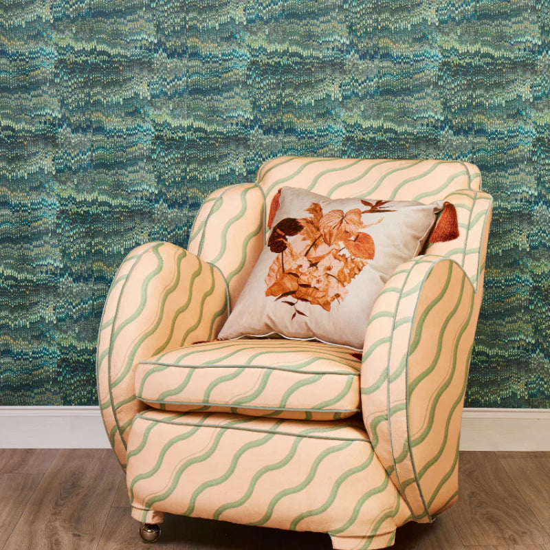 poodle-and-blonde-wallpaper-1970-oceano-blue-green-marbled-desin-scalloped-rows-retro-art-deco-style-
