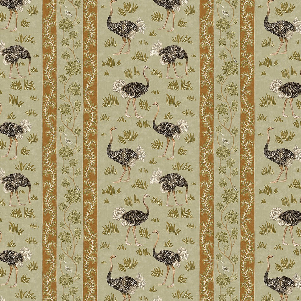 josephine-munsey-wallpaper-khaki-and-green-birds-in-grass-cross-hatched-texture-stripe-background-Ostrich-stripe