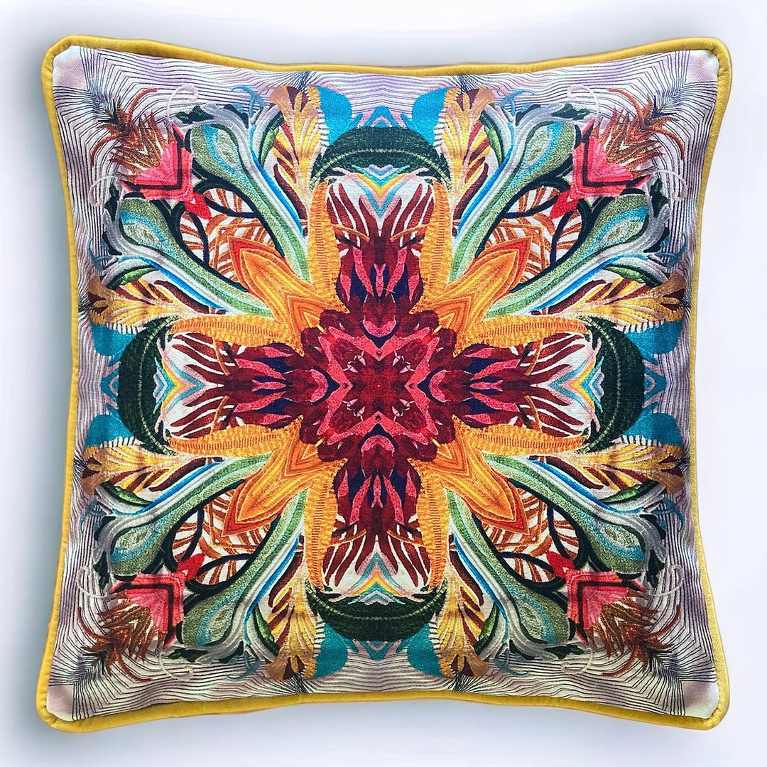 Alison-Morrish-Tropical-Splash-Embroidered-Luxe-digitally-printed-eco-velvet-print-mirror-kaleidoscope-pattern-bright-trim-cushion