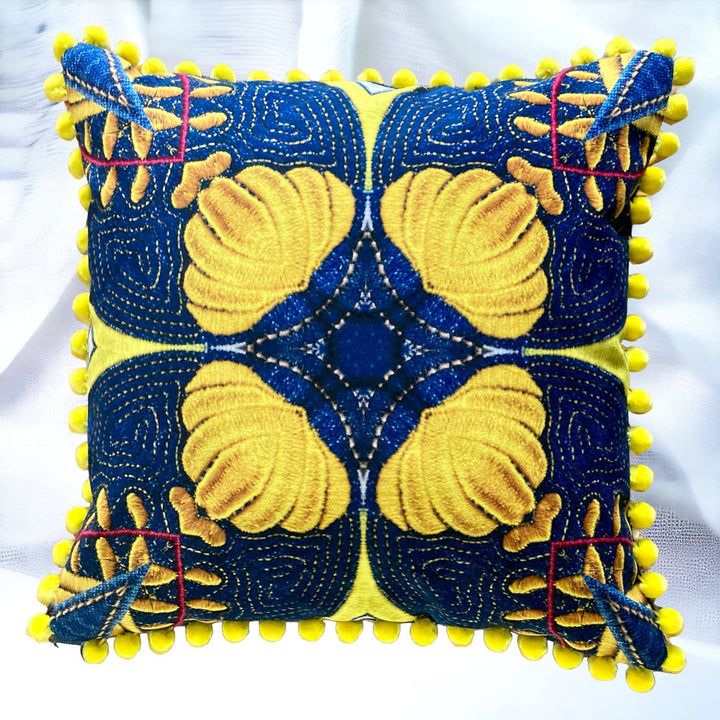 Alison-Morrish-Cushion-embroidery-luxe-digital-print-eco-velvet-kaleidescopic-print-blue-yellow-pom-poms-feather-filling-british-artisan 