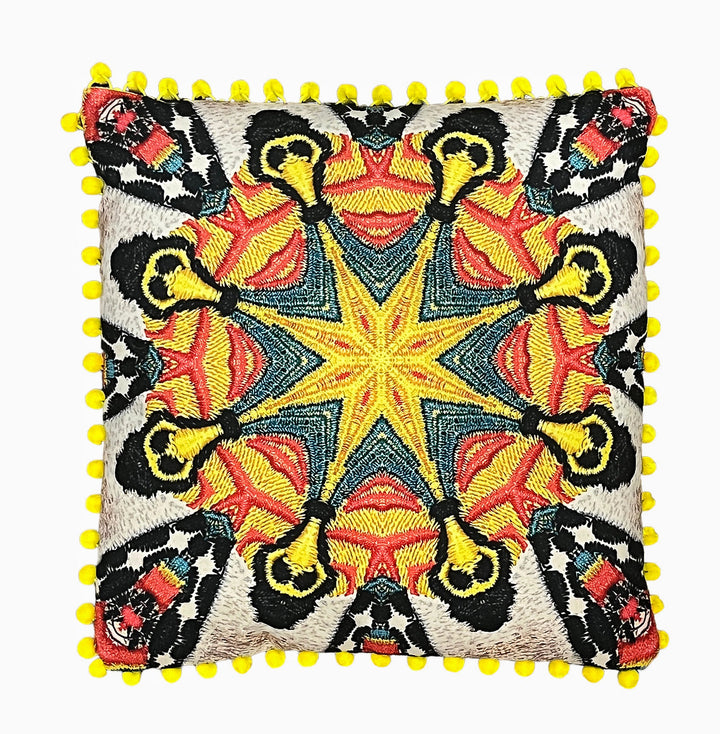 Alison-Morrish-Aztec-golden-star-embroidery-luxe-digital-print-mirroered- gothic-printed-eco-velvet-pompom-trim-cushion  