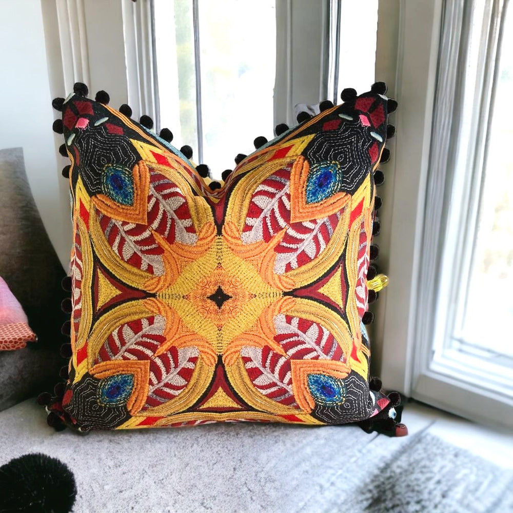 Alison-Morrish-Cushion-Regal-crown-embroidery-luxe-digitally-printed-eco-velvet-pom-pom-edged-cushion-made-to-order-British-designer