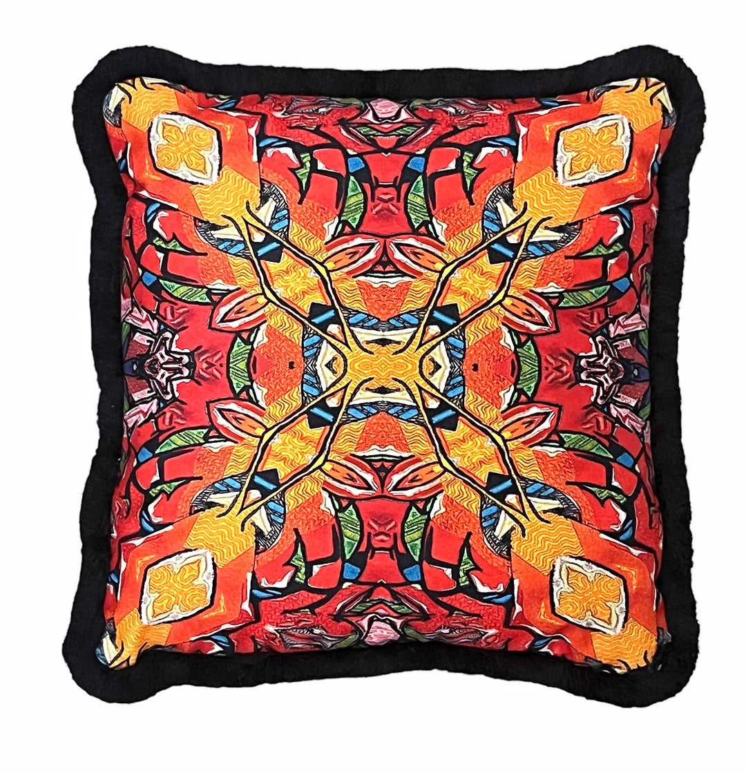 Alison -Morrish-Urban-Graffiti-mirrored-kaleidoscopic-print-red-dragonfly-red-yellow-black-trim-cushion-eco-velvet 