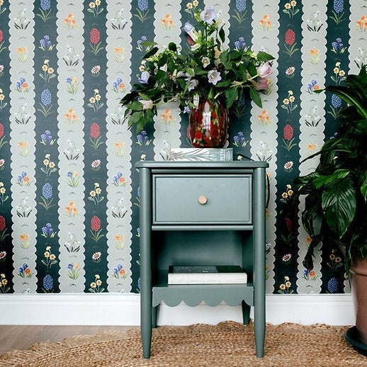Wear-the-walls-wallpaper-scalloped-edged-3D-floral-embroidery-spring-green-forest-stripe-stitch-detail-nature-elements
