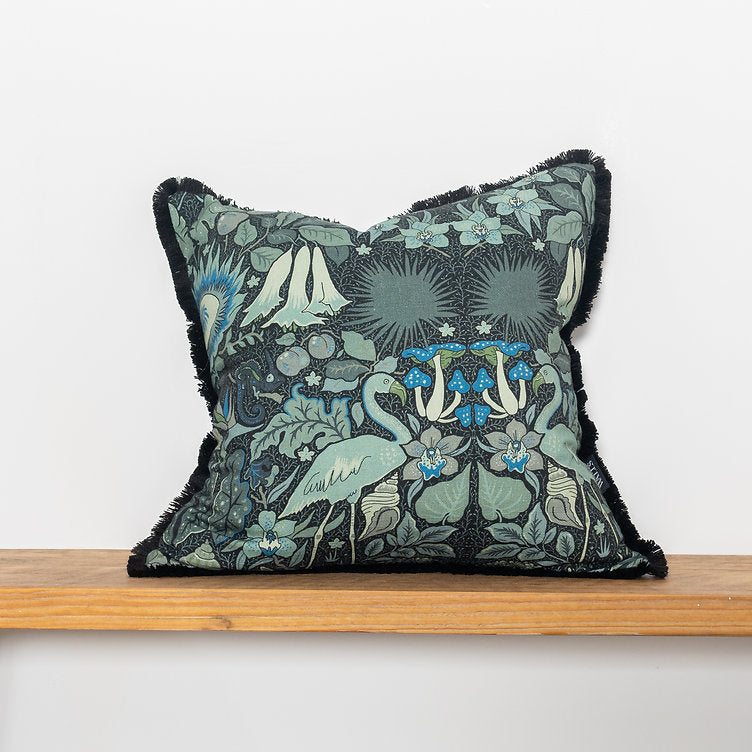 wear-the-walls-linen-velvet-piped-cushion-in-oasis-in-indigo-blue-art-and-crafts-pattern-birds-flowers-fauna