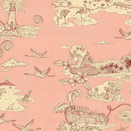 Wear-the-walls-castaway-wallpaper-fantasy-island-print-modern-toile-de-joy-style-island-life-beach-hawaiian-vibe-seaseide-pattern-designer-wallpaper-Coaral-pink