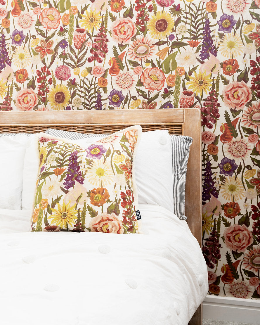 wear-the-walls-medium-linen-cotton-cushion-fringed-painterly-print-floral-blooms-Utopia-Opal-soft-pastel-brown-purple