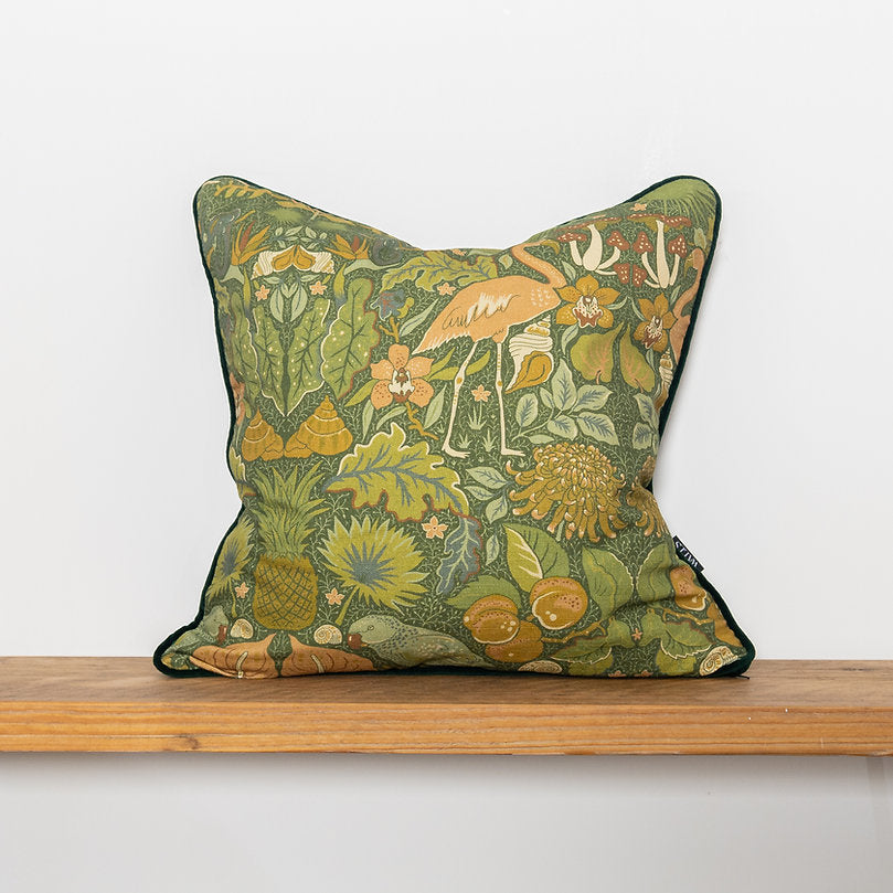 wear-the-walls-linen-velvet-piped-cushion-in-oasis-clover-arts-and-crafts-style-pattern-birds-leaves-fruit-traditional-pattern-classic-cottage-style