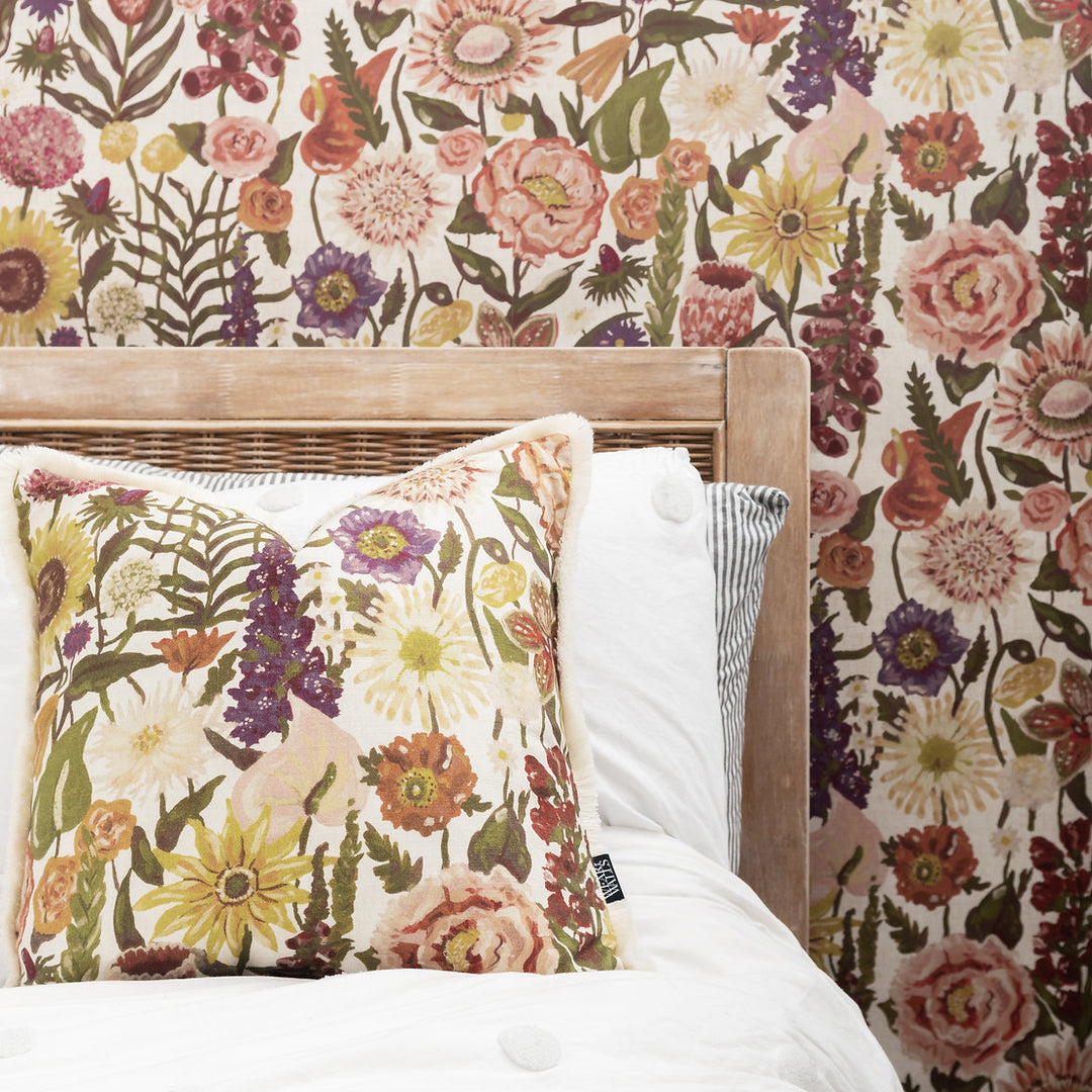 wear-the-walls-medium-linen-cotton-cushion-fringed-painterly-print-floral-blooms-Utopia-Opal-soft-pastel-brown-purple 