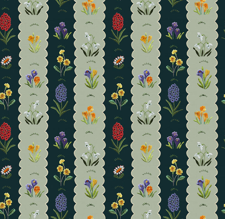 Wear-the-walls-wallpaper-scalloped-edged-3D-floral-embroidery-spring-green-forest-stripe-stitch-detail-nature-elements 