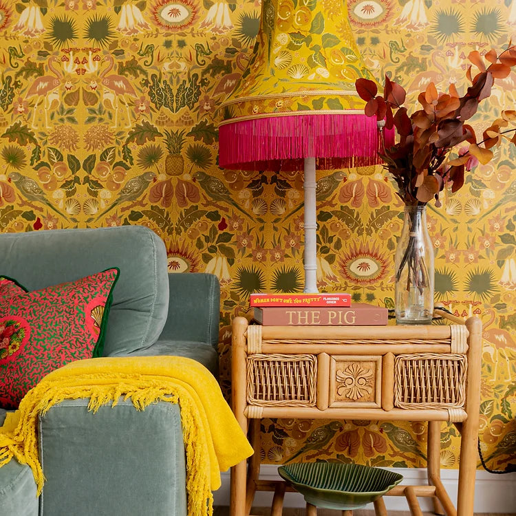 Wear-the-walls-Oasis-wallpaper-marigold-yellow-william-morris-stlye-arts-and-crafts-mirrored-design-hand-illustrated-birds-plants-blooms-arts-and-crafts-marigold-yellow-greens-mustard