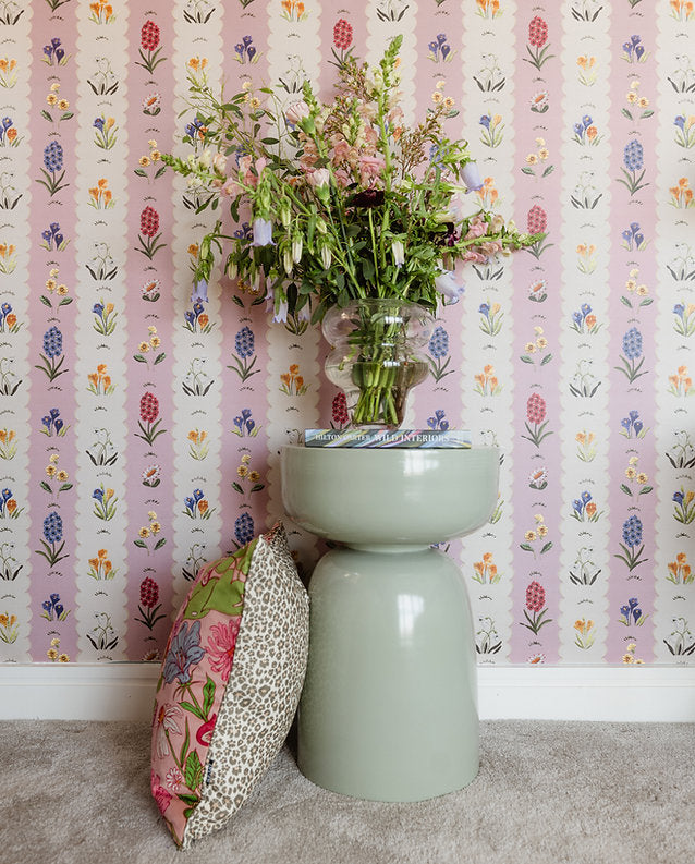 Wear-the-walls-mavis-wallpaper-scalloped-edged-embroidery-detailed-pink-white-floral-vintage-looking-wallpaper