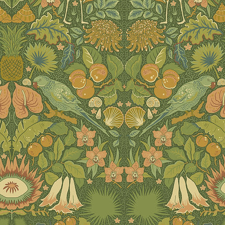 Wear-the-walls-Oasis-wallpaper-clover-green--william-morris-stlye-arts-and-crafts-mirrored-design-hand-illustrated-birds-plants-blooms-arts-and-crafts-Glover-Green-yellow-greens-mustard