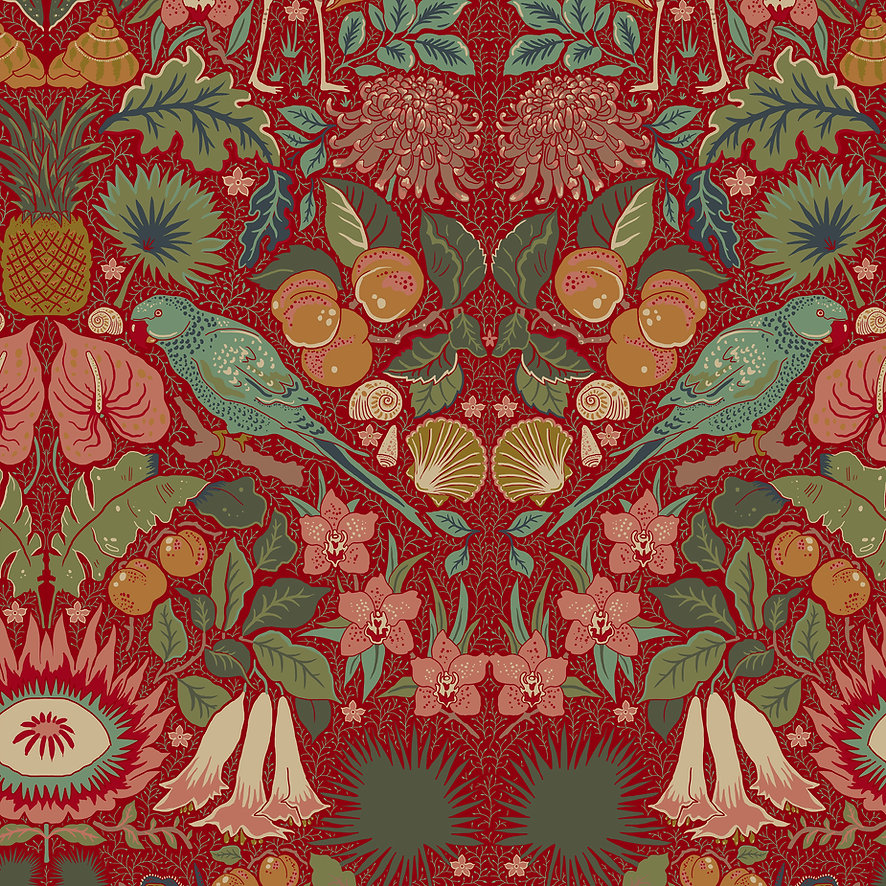 wear-the-walls-oasis-wallpaper-morris-inspired-mirrored-pattern-birds-flowers-fruit-parrots-arts-and-crafts-style-crimson-red