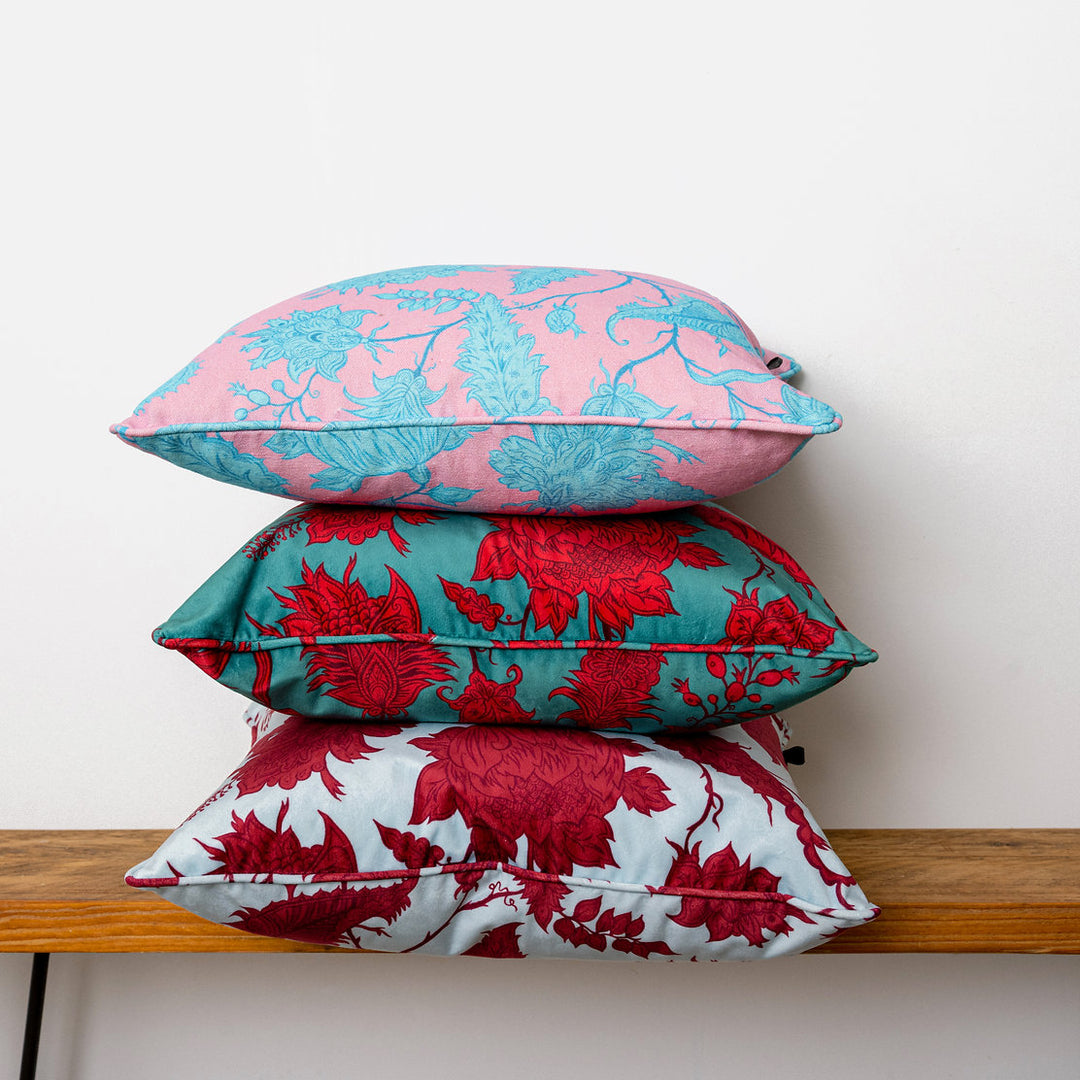 Wear-The-Walls-cushion-Hermosa-Malachite-red-and-Jasper-Green-printed-vine-floral-print-velvet-pillow-45x45cm-feather-filling-boho-style