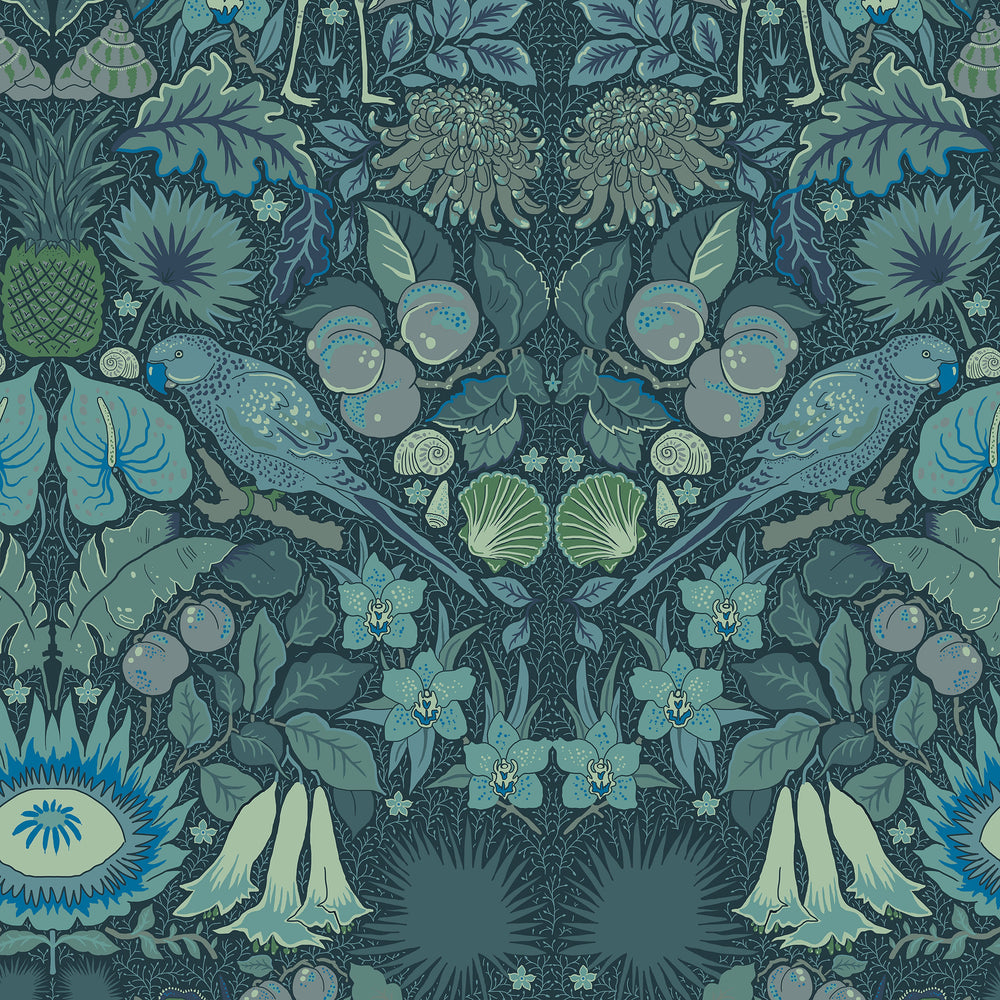 wear-the-walls-wallpaper-oasis-indigo-blue-william-morris-inspired-arts-and-crafts-inspired-parrots-seashells-pineapples-blue-turquoise-indigo-tones