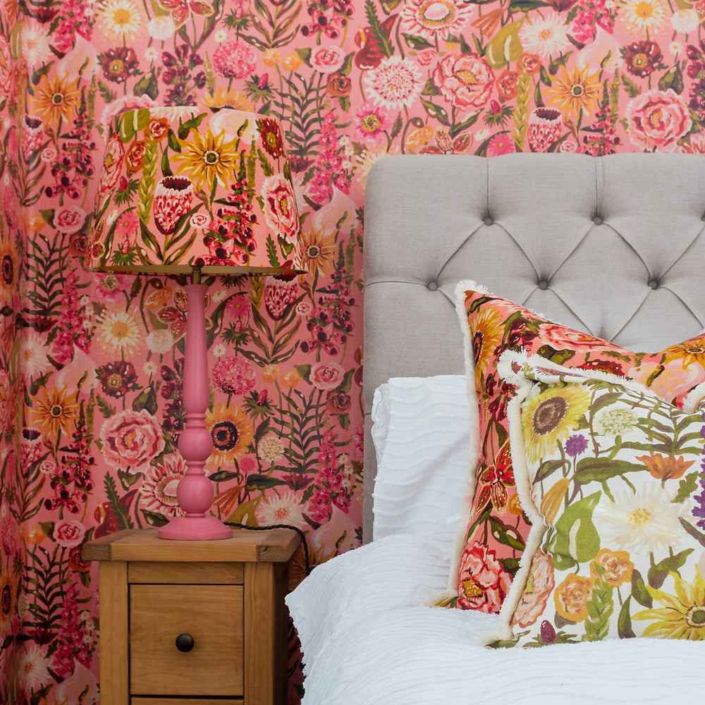 wear-the-walls-cotton-linen-fringed-cushion-in-painterly-printed-Utopia-Rosa-pinks-on-vream-hand-illustrated-floral-bloom-pattern