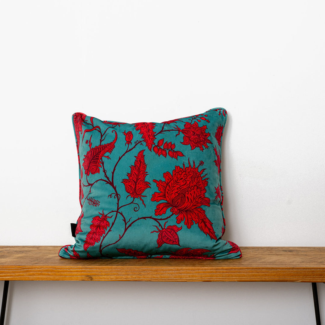 Wear-The-Walls-cushion-Hermosa-Malachite-red-and-Jasper-Green-printed-vine-floral-print-velvet-pillow-45x45cm-feather-filling-boho-style