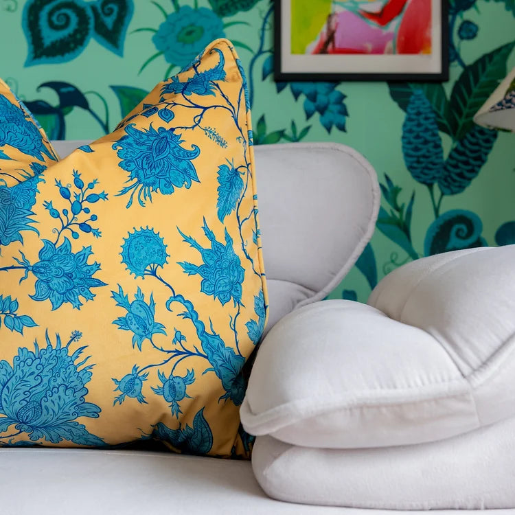 wear-the-walls-hermosa-velvet-cushion-citrine-zircon-trailing-vines-floral-turquoise-print-acid-yellow-background