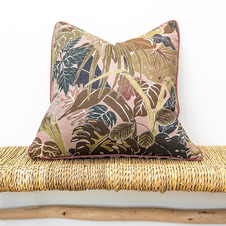 medium-reversible-linen-cushion-in-serendipity-bubastis-leaf-animal-print-patterns-pink-soft-greens-browns-Wear-the-walls 